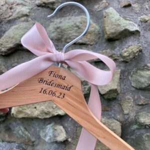 personalised pink ribbon wooden wedding coat hanger